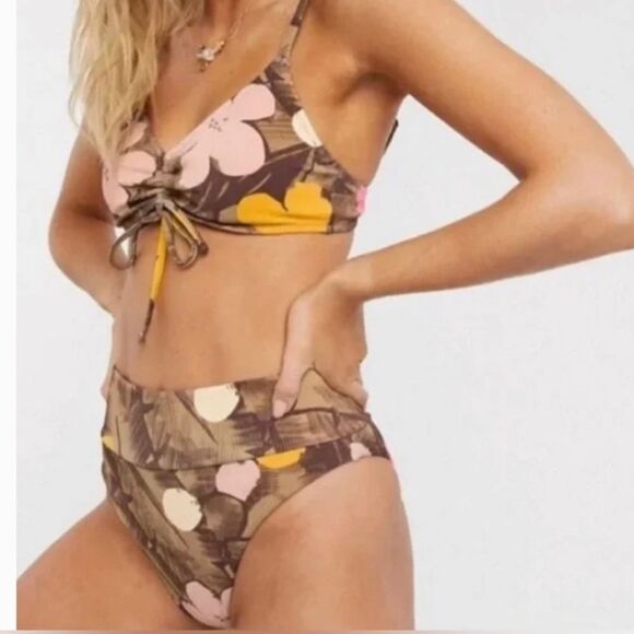 Aerie High Cut Cheeky Bikini Bottom Scoop Rib Top Set Brown Pink - Picture 1 of 14